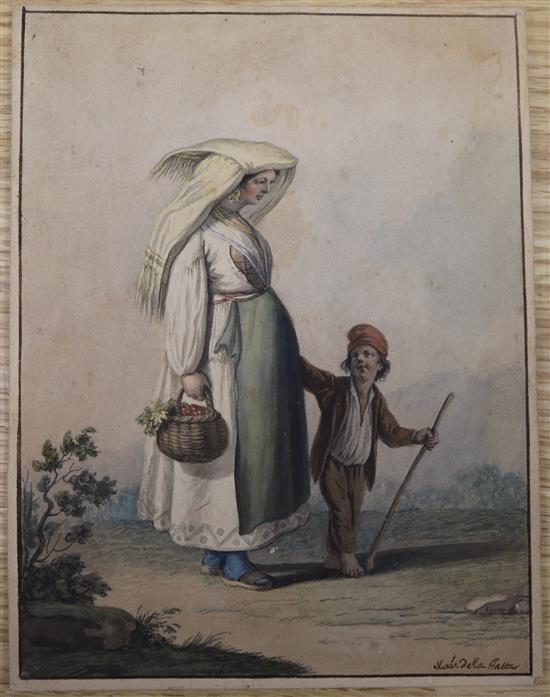 Saverio della Gatta (fl.1777-1829) watercolour Mother and child on a lane, signed 8 x 6in. unframed